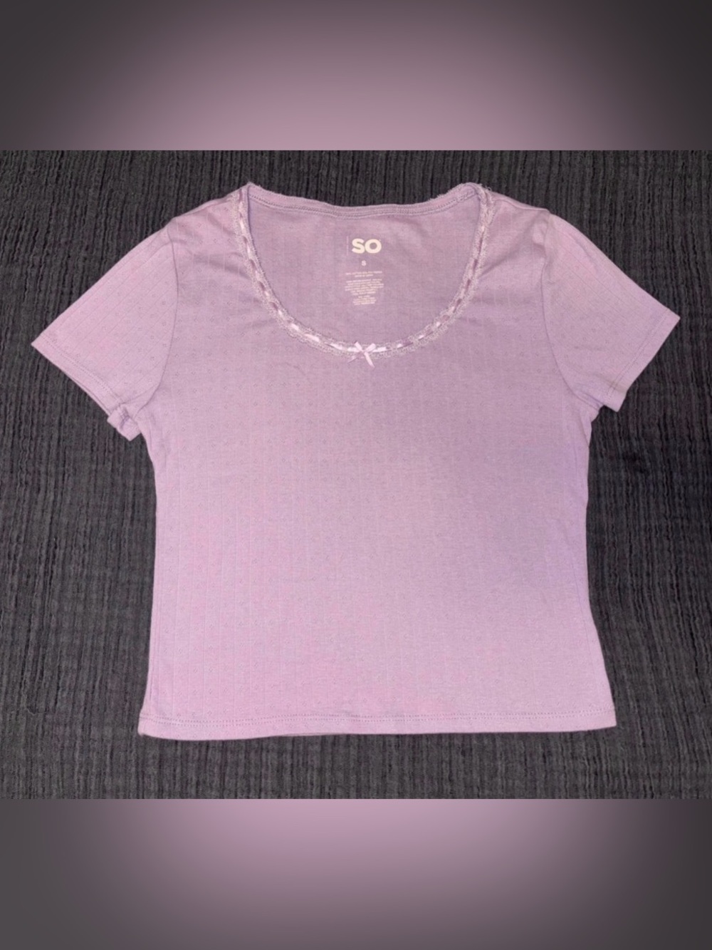 SO Lavender Pointelle Lace Trim Baby Tee Women’s Small
